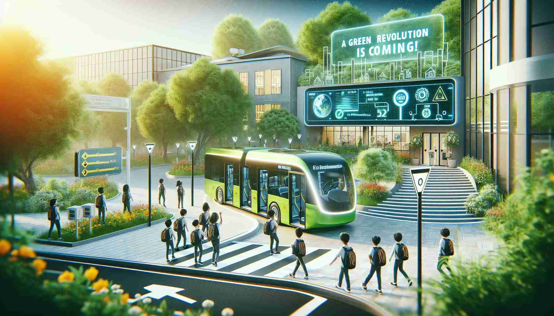 Create a realistic, high-definition photo that showcases the theme 'A Green Revolution is Coming!'. The image should primarily feature a modern school environment where electric, zero-emission buses play a key role. Detail the image such that it highlights the integration of eco-friendly transportation technology into everyday school life. This could include children boarding a sleek, futuristic bus, digital displays showing the emission levels, and the welcomed surroundings with an abundance of healthy greenery to emphasize the environmental consciousness.