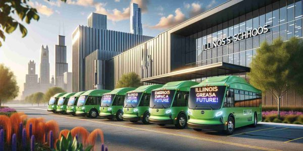 Realistic, high-definition image of a bright future in Illinois education. Foreground: new, green electric buses parked in a line outside a modern school building. The buses are seem to signify the advent of a greener future. On each bus, vivid digital signs flash the message 'Illinois Schools Embrace a Greener Future!'. Background: a vibrant, sunny day with the cityscape in distance. Midwest architecture reflecting sustainability and innovation in design.