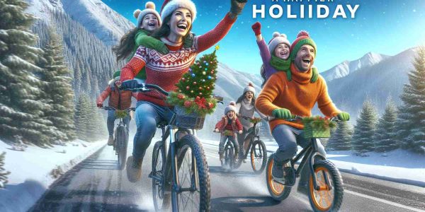 An HD scene portraying the concept of a happier holiday through cycling. Imagine a family joyfully riding bicycles in festive clothing, carrying a small Christmas tree on a child's bike. They ride against a picturesque backdrop of snow-dusted mountains and a clear blue sky. Children are excited, parents are laughing, and the atmosphere is festive and happy. Highlight the freedom, exercise, and family bonding that cycling offers, tingeing the holiday season with extra happiness and warmth.