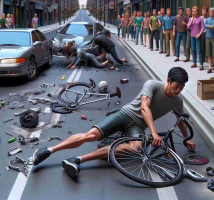 A highly detailed, realistic depiction of an accident scene on a typical city avenue. A young, South Asian male cyclist is seen slightly off balance, but somehow managing to escape injury. His bicycle is halfway tipped over. Aluminum bike parts are scattered on the street, hinting at the intensity of the incident. There are tire marks on the road, depicting a sudden halt. Nearby, there is a parked car with its door open. Spectators line the sidewalk, looks of astonishment on their faces. The scene suggests an unexpected incident, but fortunately devoid of any serious injuries.