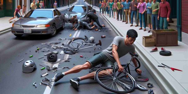 A highly detailed, realistic depiction of an accident scene on a typical city avenue. A young, South Asian male cyclist is seen slightly off balance, but somehow managing to escape injury. His bicycle is halfway tipped over. Aluminum bike parts are scattered on the street, hinting at the intensity of the incident. There are tire marks on the road, depicting a sudden halt. Nearby, there is a parked car with its door open. Spectators line the sidewalk, looks of astonishment on their faces. The scene suggests an unexpected incident, but fortunately devoid of any serious injuries.