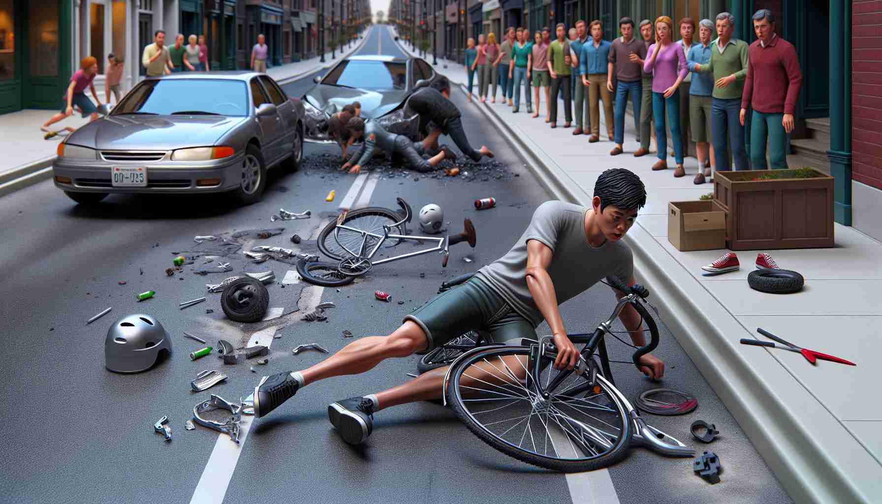 A highly detailed, realistic depiction of an accident scene on a typical city avenue. A young, South Asian male cyclist is seen slightly off balance, but somehow managing to escape injury. His bicycle is halfway tipped over. Aluminum bike parts are scattered on the street, hinting at the intensity of the incident. There are tire marks on the road, depicting a sudden halt. Nearby, there is a parked car with its door open. Spectators line the sidewalk, looks of astonishment on their faces. The scene suggests an unexpected incident, but fortunately devoid of any serious injuries.