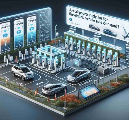 A highly detailed, realistic image showcasing a state-of-the-art electric vehicle charging station at an airport. The scene should represent the infrastructure adapting to cater to increased demand. This includes multiple charging points, electric cars plugged in, displays showing charging status, large capacity power connections, digital info screens, signage, and landscaped surroundings. Overlay this scene with text stating 'Are Airports Ready for the Electric Vehicle Demand?'