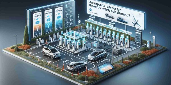 A highly detailed, realistic image showcasing a state-of-the-art electric vehicle charging station at an airport. The scene should represent the infrastructure adapting to cater to increased demand. This includes multiple charging points, electric cars plugged in, displays showing charging status, large capacity power connections, digital info screens, signage, and landscaped surroundings. Overlay this scene with text stating 'Are Airports Ready for the Electric Vehicle Demand?'