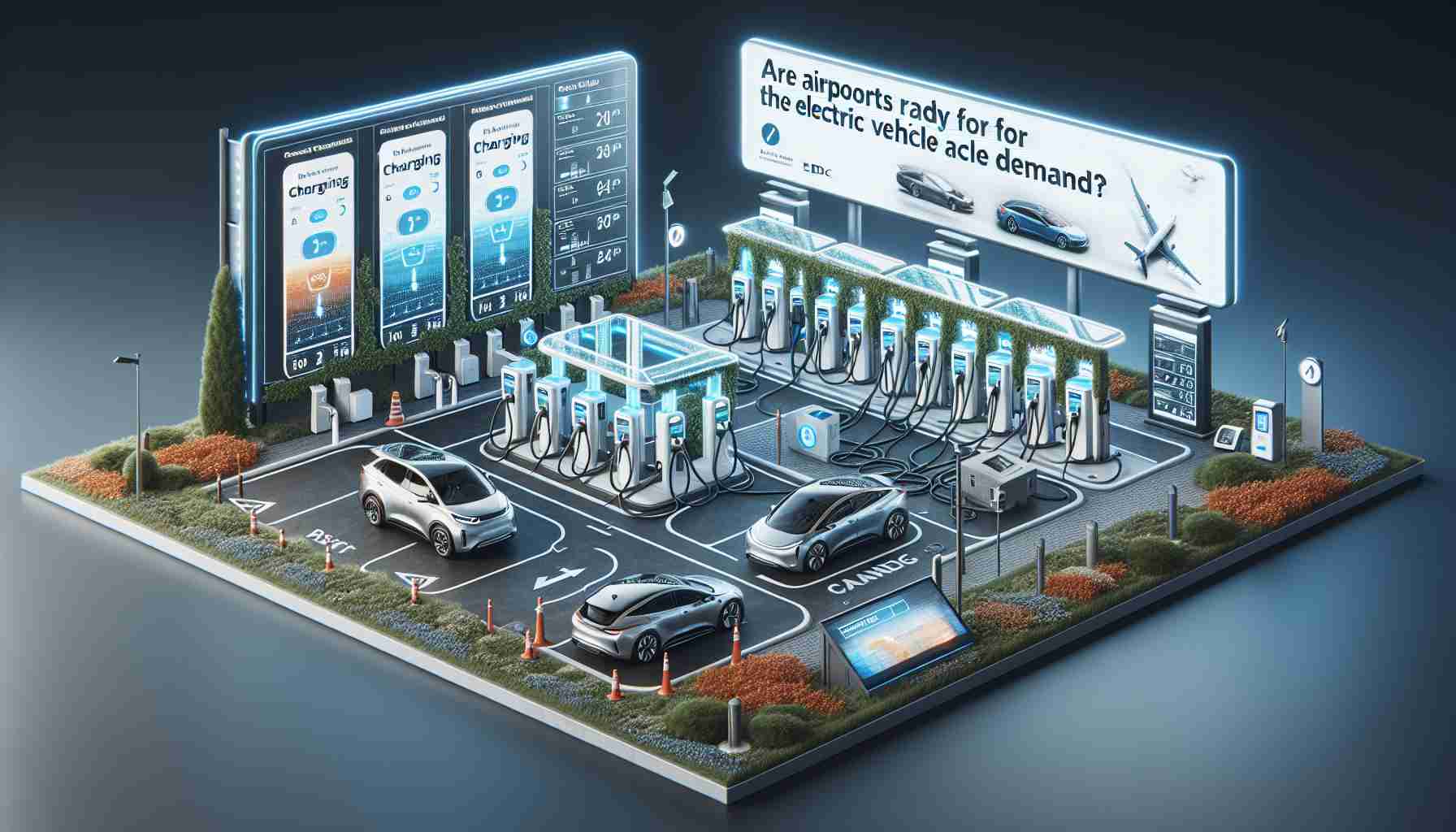 A highly detailed, realistic image showcasing a state-of-the-art electric vehicle charging station at an airport. The scene should represent the infrastructure adapting to cater to increased demand. This includes multiple charging points, electric cars plugged in, displays showing charging status, large capacity power connections, digital info screens, signage, and landscaped surroundings. Overlay this scene with text stating 'Are Airports Ready for the Electric Vehicle Demand?'