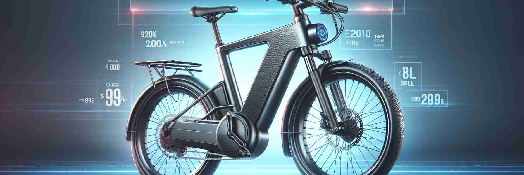 A realistic high-definition image of an affordable electronic bike. This e-bike features sleek designs, modern technology and budget-friendly. The background includes a promotional banner with the text 'Grab This Affordable E-Bike Before It's Gone! Limited Time Offer!'