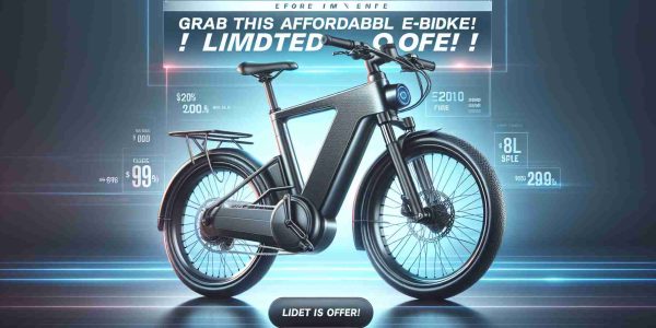 A realistic high-definition image of an affordable electronic bike. This e-bike features sleek designs, modern technology and budget-friendly. The background includes a promotional banner with the text 'Grab This Affordable E-Bike Before It's Gone! Limited Time Offer!'