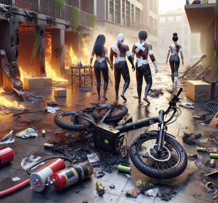 High-definition realistic image depicting a fire accident site caused by an e-bike battery failure. The environment should illustrate signs of a recent fire with possibly burnt structures or items, and fire extinguishing equipment. There should be four individuals, representing various descents such as Black, Caucasian, South Asian and Hispanic, showcasing minor injuries typical of a fire event, like bandages or distressed clothing. The e-bike with its exposed battery should be the focal point of the image, displaying signs of damage. No actual flames or ongoing fire should be included in this scene.