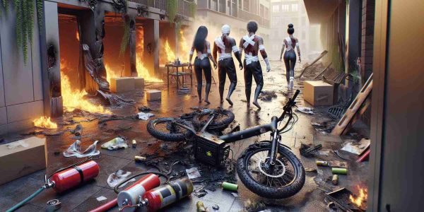 High-definition realistic image depicting a fire accident site caused by an e-bike battery failure. The environment should illustrate signs of a recent fire with possibly burnt structures or items, and fire extinguishing equipment. There should be four individuals, representing various descents such as Black, Caucasian, South Asian and Hispanic, showcasing minor injuries typical of a fire event, like bandages or distressed clothing. The e-bike with its exposed battery should be the focal point of the image, displaying signs of damage. No actual flames or ongoing fire should be included in this scene.