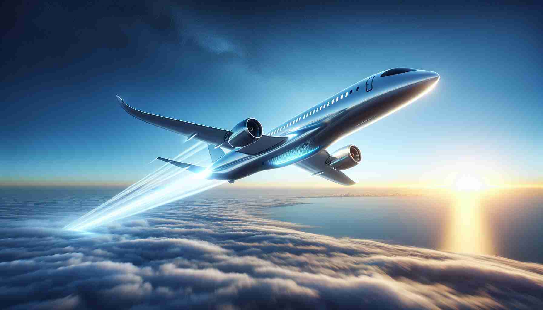 A detailed and high-definition image depicting the futuristic concept of a major leap in aviation technology: an electric airplane soaring skyward. The aircraft is groundbreaking in its design, with the sleek condition and distinct traces of advanced technology. This is a leap into the green future of air travel, symbolizing the revolution in aviation towards electric-powered planes. The airplane is cutting through the blue sky, leaving a streak of white clouds behind. Below, the endless ocean is visible. The dawn sun is adding a warm glow to the scene, symbolizing a new day in air travel technology.