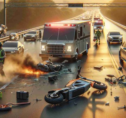 Portray an HD, photorealistic scene of a tragic incident causing a traffic slowdown on the highway: an e-bike collision. Capture the tension and seriousness of the situation by showcasing still-smoking vehicles, a toppled e-bike, and emergency service personnel rushing around. Make sure to include skid marks on the road, broken glass and scattered bike parts to underscore the severity of the collision. Hint at the golden light of an impending sunset illuminating the scene to denote the fateful end of the day.