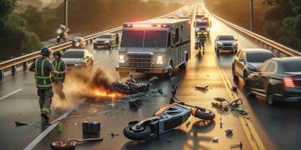 Portray an HD, photorealistic scene of a tragic incident causing a traffic slowdown on the highway: an e-bike collision. Capture the tension and seriousness of the situation by showcasing still-smoking vehicles, a toppled e-bike, and emergency service personnel rushing around. Make sure to include skid marks on the road, broken glass and scattered bike parts to underscore the severity of the collision. Hint at the golden light of an impending sunset illuminating the scene to denote the fateful end of the day.