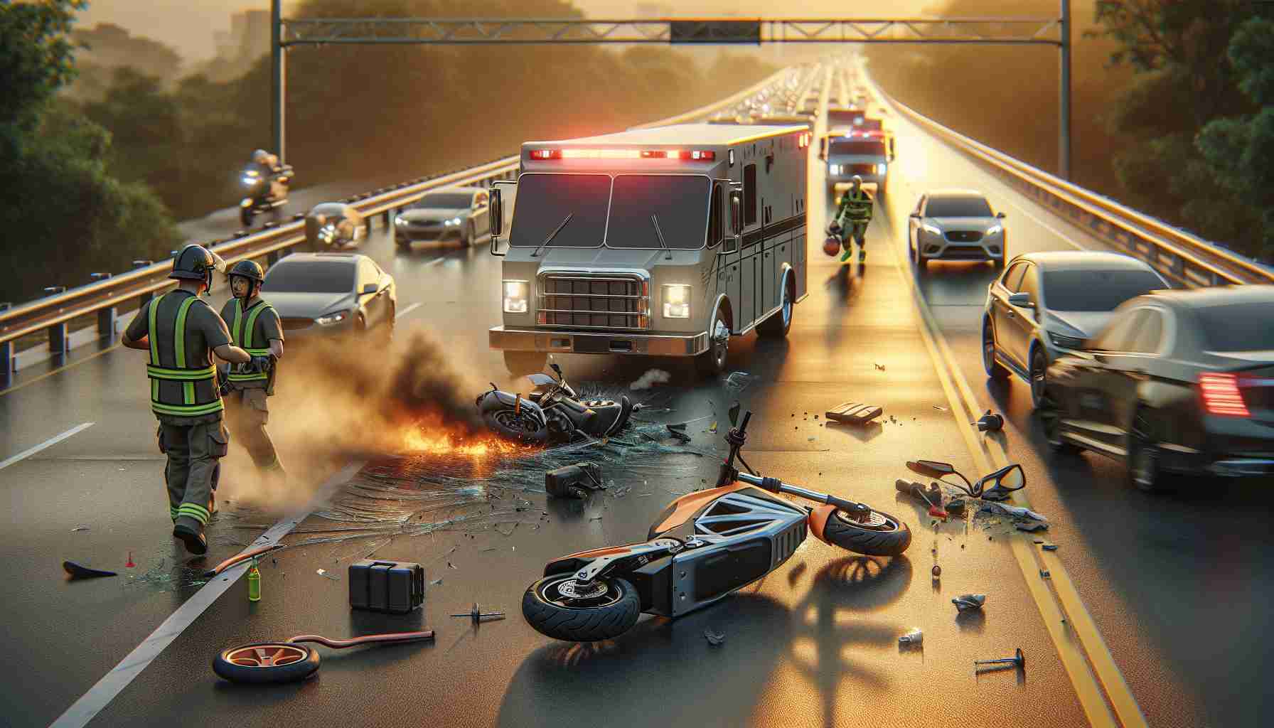 Portray an HD, photorealistic scene of a tragic incident causing a traffic slowdown on the highway: an e-bike collision. Capture the tension and seriousness of the situation by showcasing still-smoking vehicles, a toppled e-bike, and emergency service personnel rushing around. Make sure to include skid marks on the road, broken glass and scattered bike parts to underscore the severity of the collision. Hint at the golden light of an impending sunset illuminating the scene to denote the fateful end of the day.