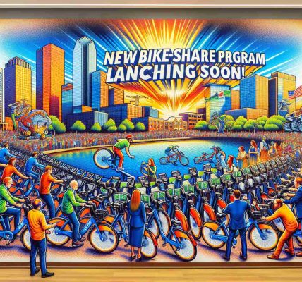 An image showcasing the city of Fort Worth preparing for a cycling revolution. It depicts the launch of a new bike-share program happening soon. The scene is filled with vivid and clear images of faculty members working together, new bikes getting lined up, some cycling enthusiasts eagerly waiting to give them a try, and a large banner that reads 'New Bike-Share Program Launching Soon!'. The picture encompasses the idea of the progressive and sustainable city embracing a profound change in transportation.