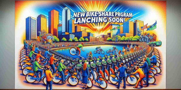 An image showcasing the city of Fort Worth preparing for a cycling revolution. It depicts the launch of a new bike-share program happening soon. The scene is filled with vivid and clear images of faculty members working together, new bikes getting lined up, some cycling enthusiasts eagerly waiting to give them a try, and a large banner that reads 'New Bike-Share Program Launching Soon!'. The picture encompasses the idea of the progressive and sustainable city embracing a profound change in transportation.