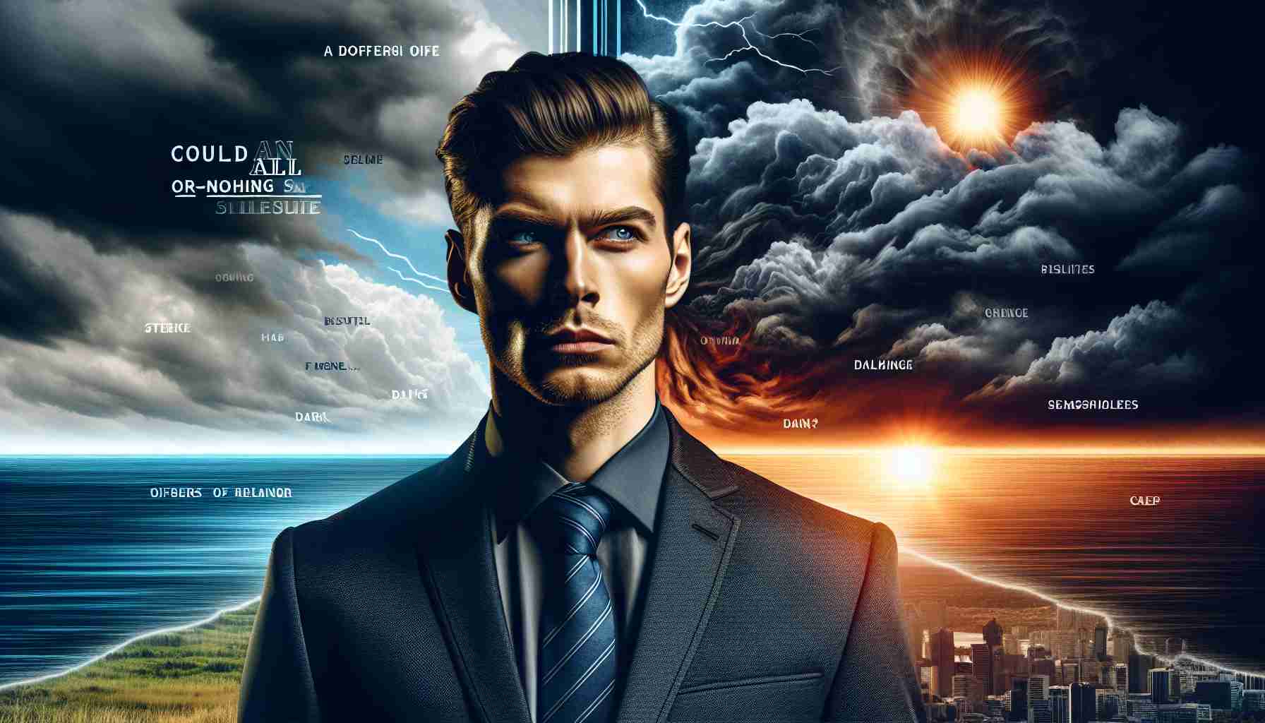 Generate a high-definition, realistic depiction of a businessman, which has a thought-provoking aura. His face is stern, hinting at the difficulties he's facing. On the horizon behind him, illustrate a symbolic scene reflecting an approaching all-or-nothing sale: perhaps show dark clouds gathering, splitting the sky between brightness and darkness. Include a bold headline on the image stating: 'Could an All-or-Nothing Sale Be on the Horizon?'