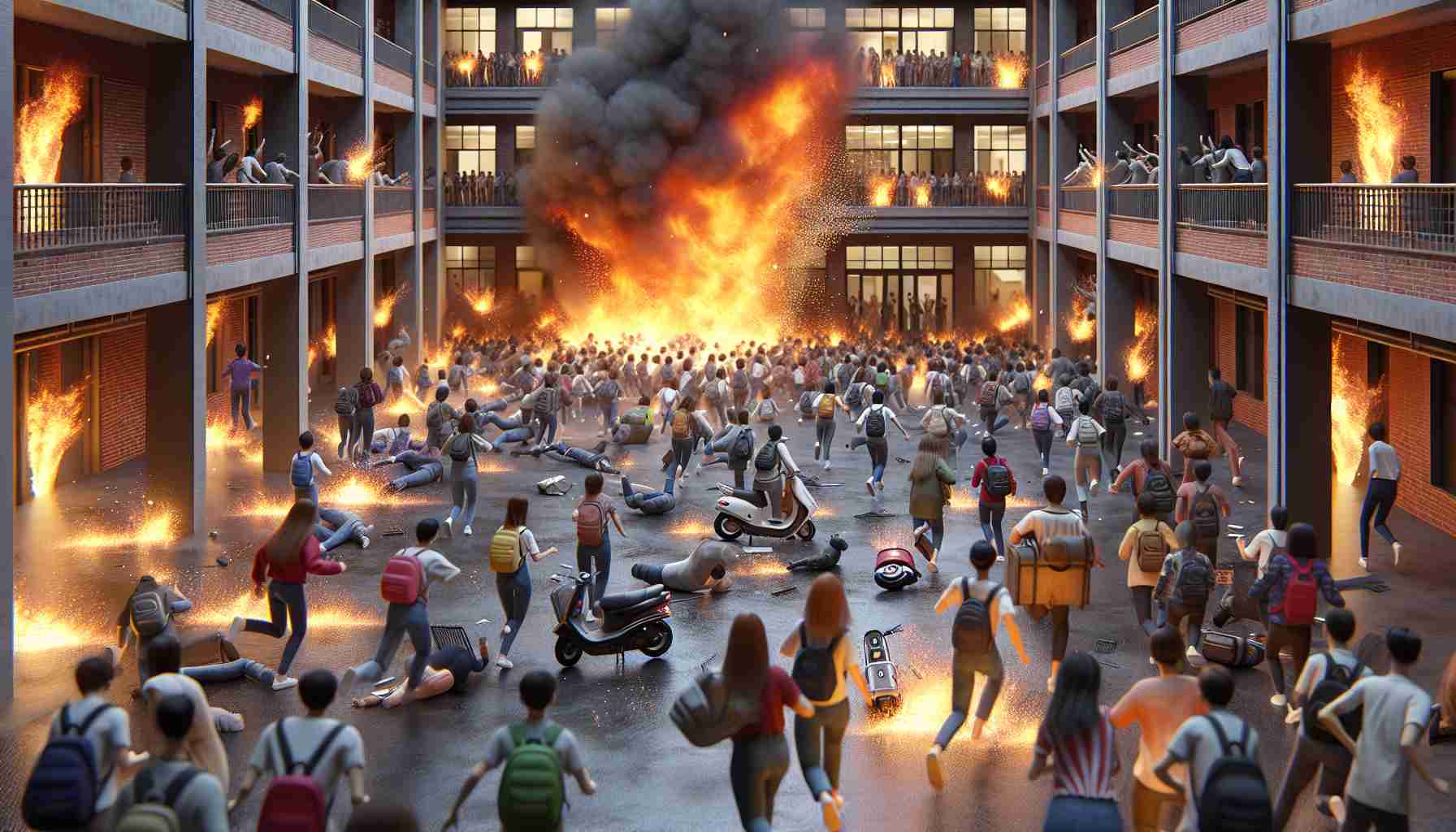 Realistic high-definition image demonstrating a dramatic scene where a fire has erupted in a university dormitory. A multitude of students of varied genders and descents are seen evacuating the area in an orderly manner. The cause of the fire seems to be a scooter battery, leading to a chaotic environment with sparks scattering around.