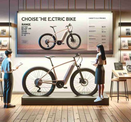 A high-definition, hyper-realistic image of an electric bicycle buying guide. The scene has the feeling of a welcoming store environment. The main focus is a sleek, modern electric bike which is showcased in the center of the image. It's well-lit to highlight its features. Nearby is a stand filled with literature about choosing the right electric bike; details like range, battery life, motor strength, etc. are evident on the cover. Also, there is a one-on-one consultation setup area to the right with two friendly look-alike characters. The first character is a South Asian male shop assistant, and the second character is a Caucasian female customer looking into the prospect of buying a new bike.