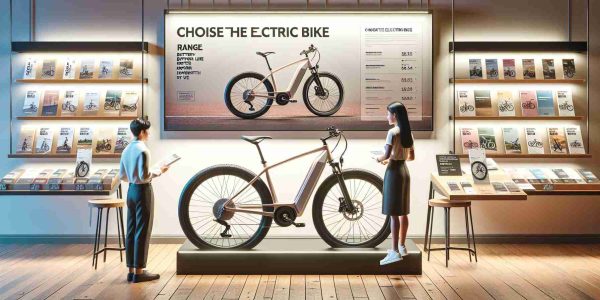 A high-definition, hyper-realistic image of an electric bicycle buying guide. The scene has the feeling of a welcoming store environment. The main focus is a sleek, modern electric bike which is showcased in the center of the image. It's well-lit to highlight its features. Nearby is a stand filled with literature about choosing the right electric bike; details like range, battery life, motor strength, etc. are evident on the cover. Also, there is a one-on-one consultation setup area to the right with two friendly look-alike characters. The first character is a South Asian male shop assistant, and the second character is a Caucasian female customer looking into the prospect of buying a new bike.