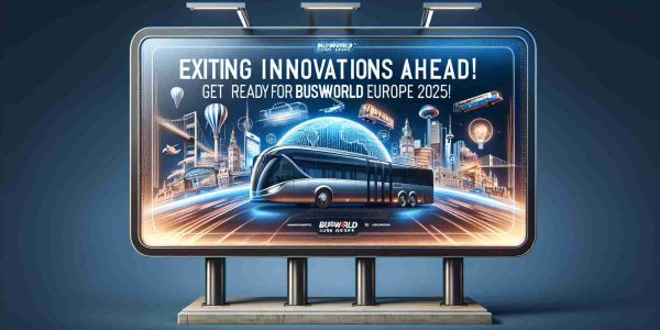 Realistic high-definition visual representation of an imaginative billboard that features the text 'Exciting Innovations Ahead! Get Ready for Busworld Europe 2025!'. The billboard should convey a feeling of advance and progress, inviting anticipation for a future event. Incorporate elements suggestive of European landmarks, bus transportation advancements, and the futuristic year of 2025.