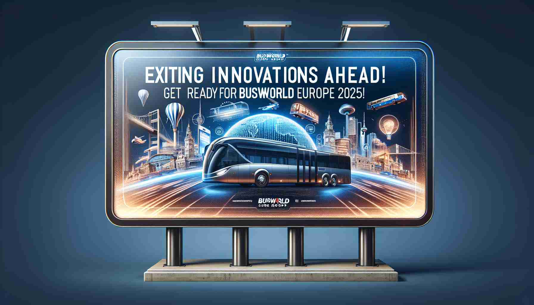 Realistic high-definition visual representation of an imaginative billboard that features the text 'Exciting Innovations Ahead! Get Ready for Busworld Europe 2025!'. The billboard should convey a feeling of advance and progress, inviting anticipation for a future event. Incorporate elements suggestive of European landmarks, bus transportation advancements, and the futuristic year of 2025.