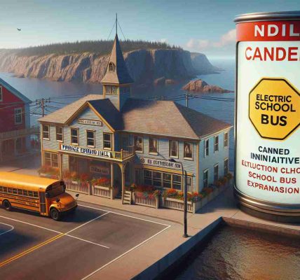 Realistic high-definition representation of a location in Prince Edward Island, with a theme highlighting the cessation of Electric School Bus Expansion. Display a canned initiative related to school transportation, evoking questions about the future of students' transportation.