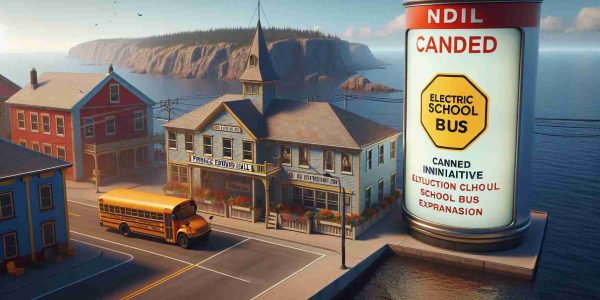 Realistic high-definition representation of a location in Prince Edward Island, with a theme highlighting the cessation of Electric School Bus Expansion. Display a canned initiative related to school transportation, evoking questions about the future of students' transportation.