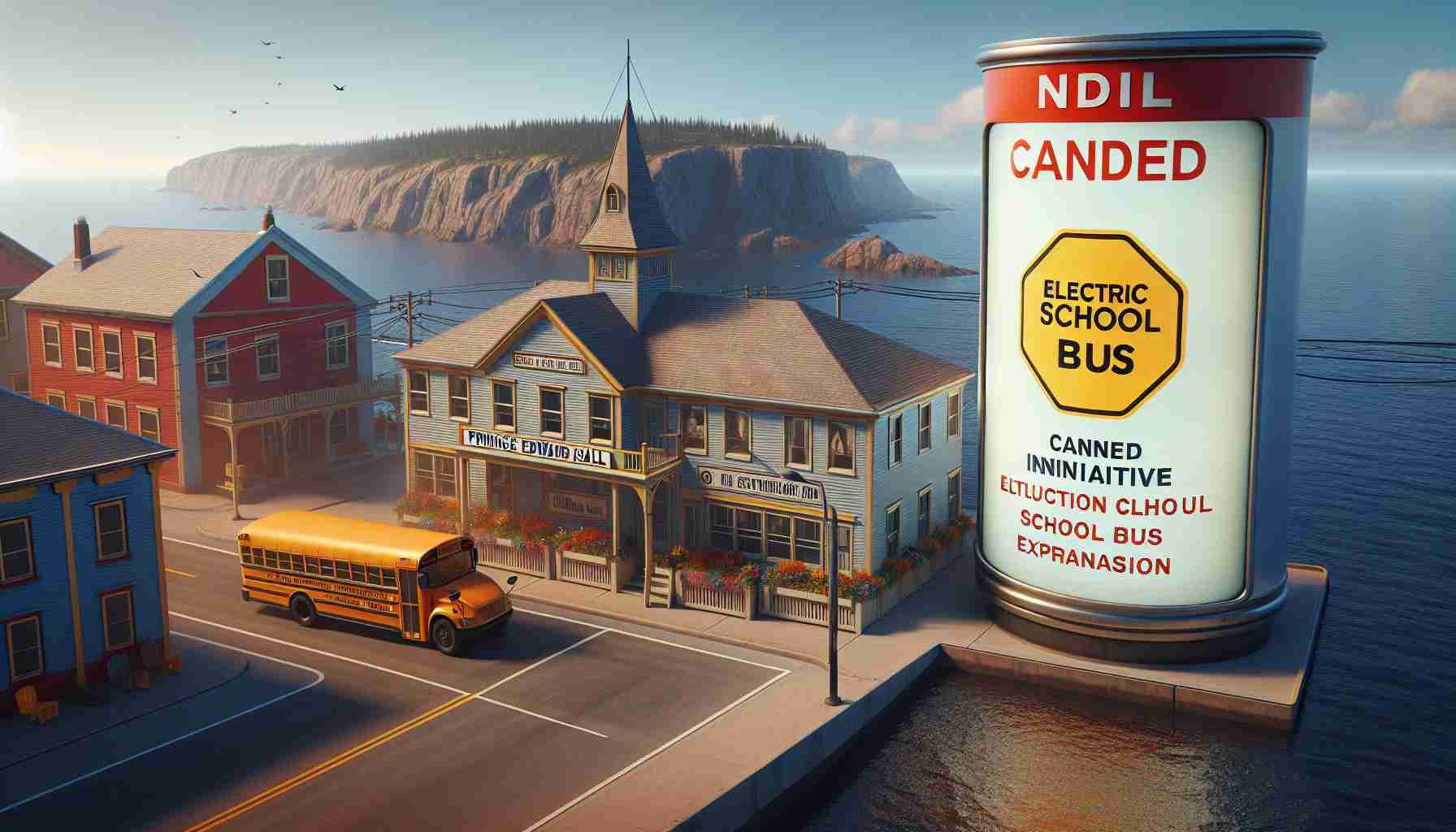 Realistic high-definition representation of a location in Prince Edward Island, with a theme highlighting the cessation of Electric School Bus Expansion. Display a canned initiative related to school transportation, evoking questions about the future of students' transportation.