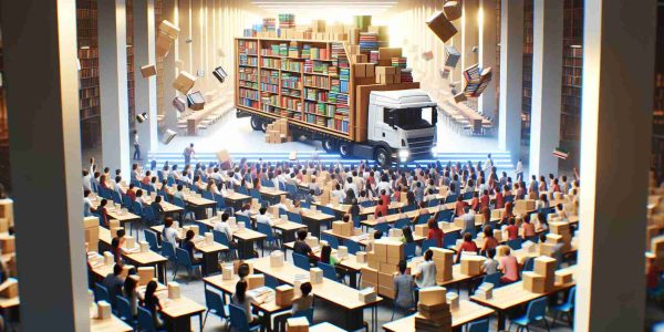 Generate a high-definition, realistic image showcasing a massive school upgrade on the horizon. Visualize brand new furniture being delivered in bulks -- rows of desks and chairs, stack of books, bright and modern light installations, and more. The scene is animated with the excited anticipation of millions of students set to benefit from this transformation.