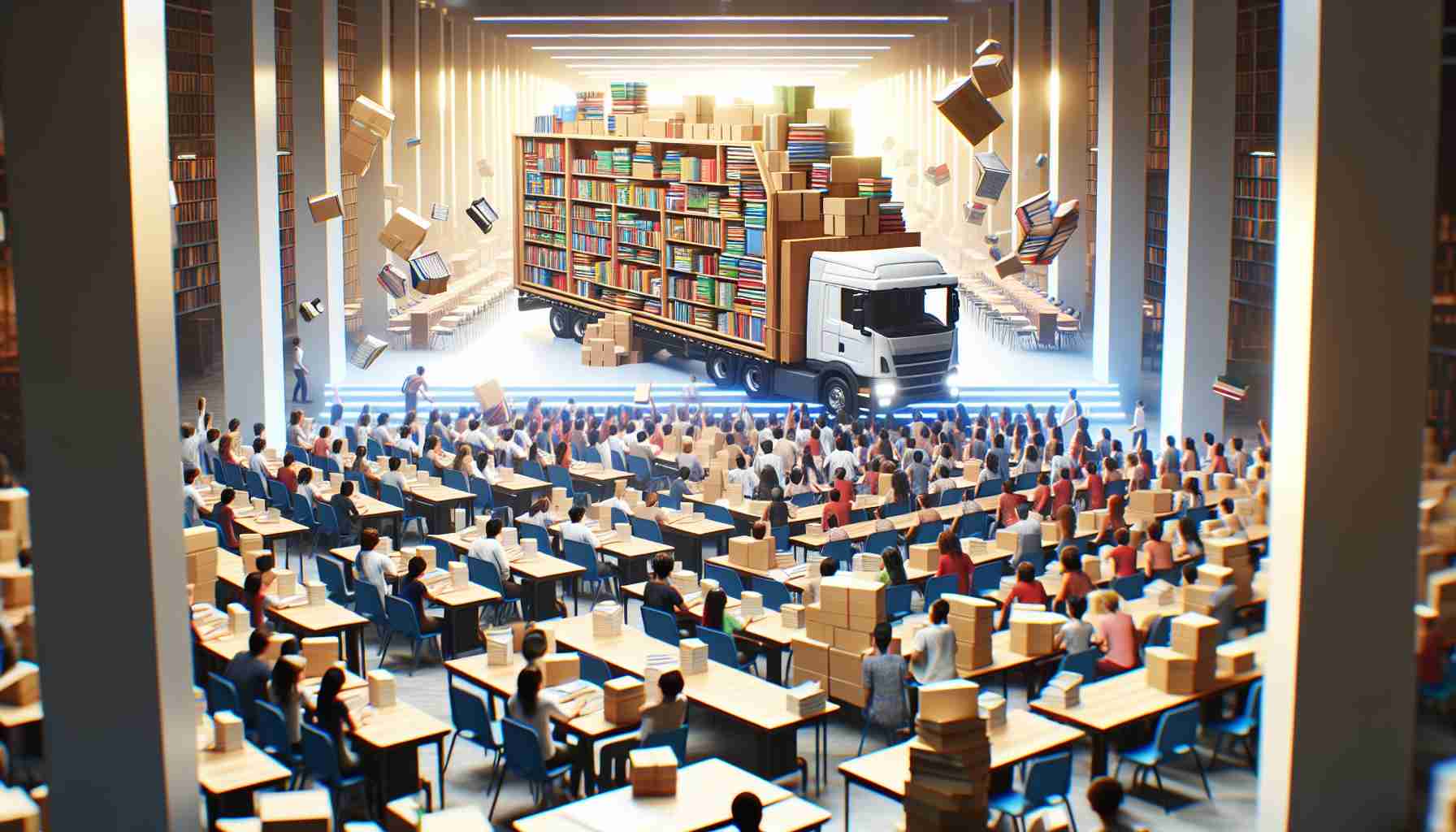 Generate a high-definition, realistic image showcasing a massive school upgrade on the horizon. Visualize brand new furniture being delivered in bulks -- rows of desks and chairs, stack of books, bright and modern light installations, and more. The scene is animated with the excited anticipation of millions of students set to benefit from this transformation.