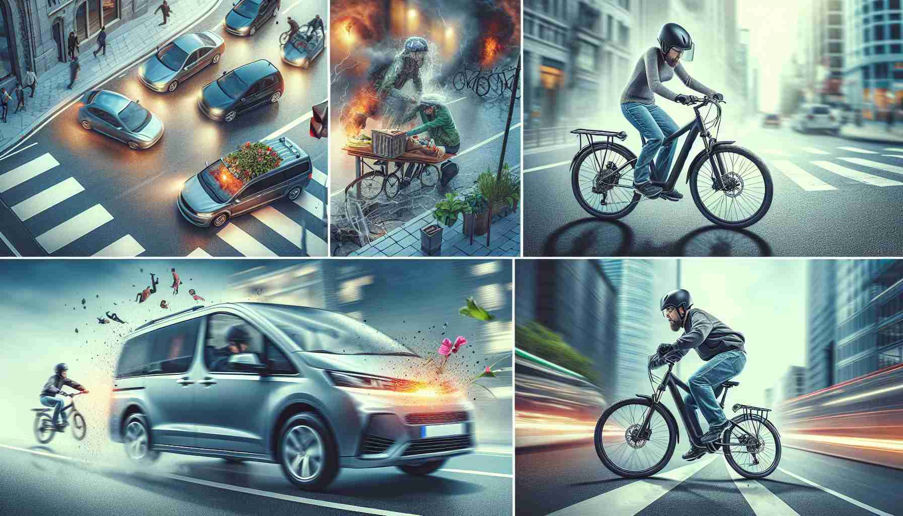 Generate a realistic, high-definition image depicting some common safety risks associated with electric bikes. This might include scenes such as: a person on an e-bike not wearing a helmet, an overloaded e-bike, riding too fast on a busy city street, or ignoring traffic rules. Emphasize the shock factor to highlight the potential danger in these scenarios.